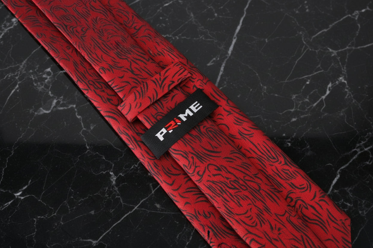Tie Keep View: Red with Black Abstract Lines Tie and Pocket Square