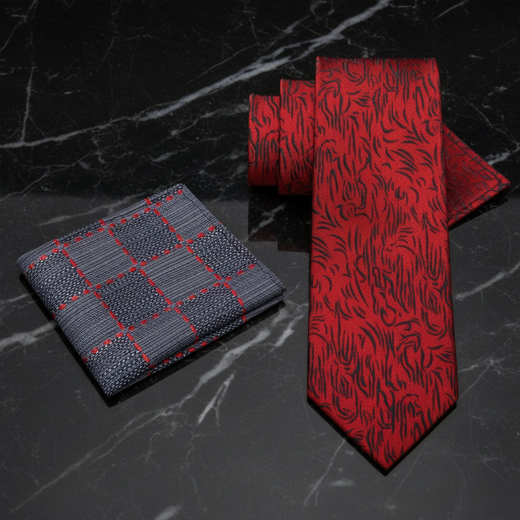 Alt View: Red with Black Abstract Lines Tie and Accenting Pocket Square