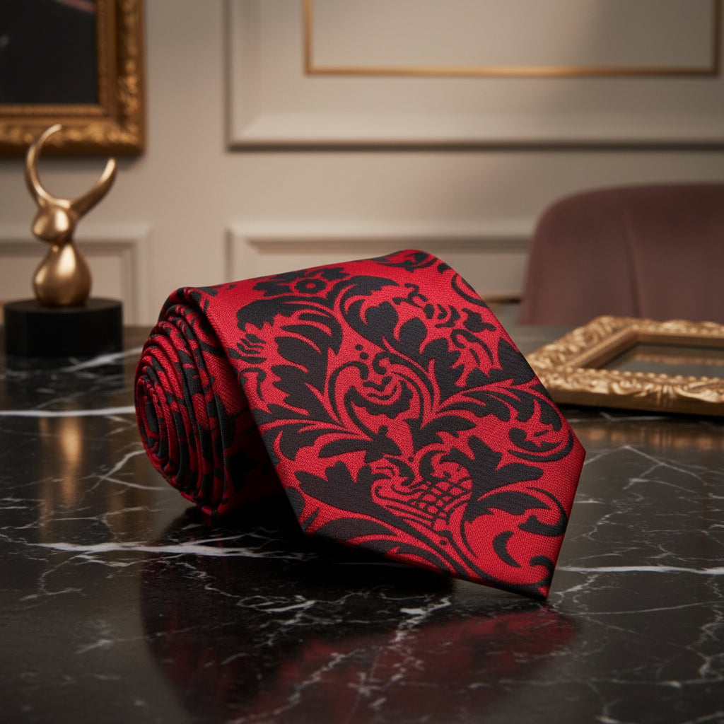 A Red, Black Floral Pattern Necktie 