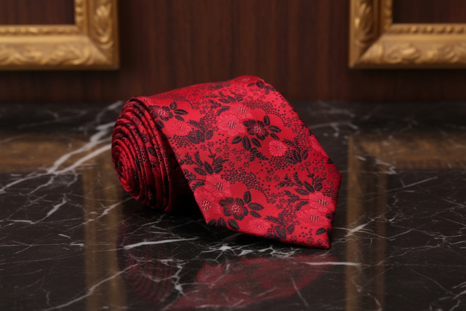 A Red With Black Floral Pattern Necktie