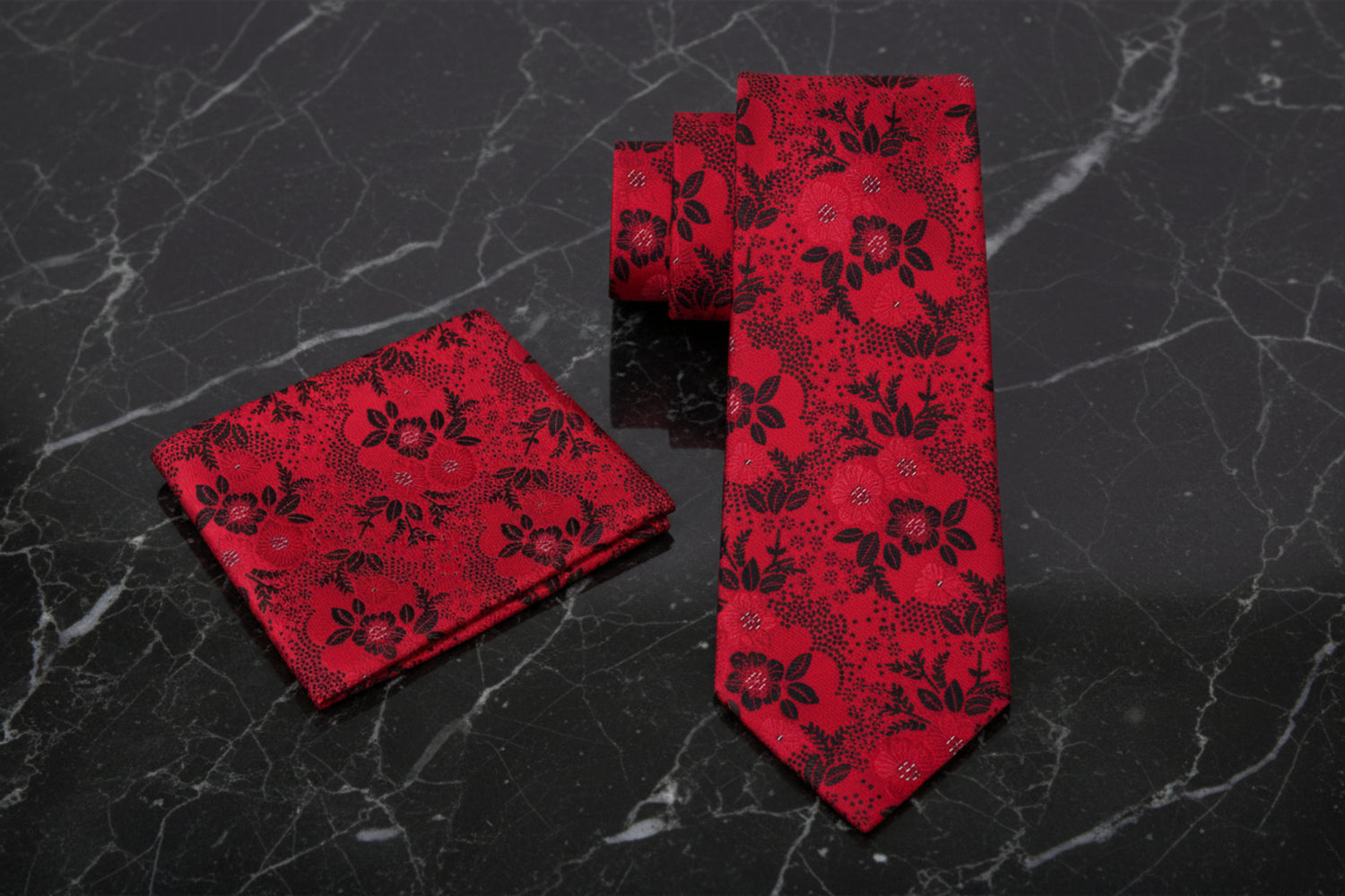 Alt View: A Red With Black Floral Pattern Necktie With Matching Pocket Square