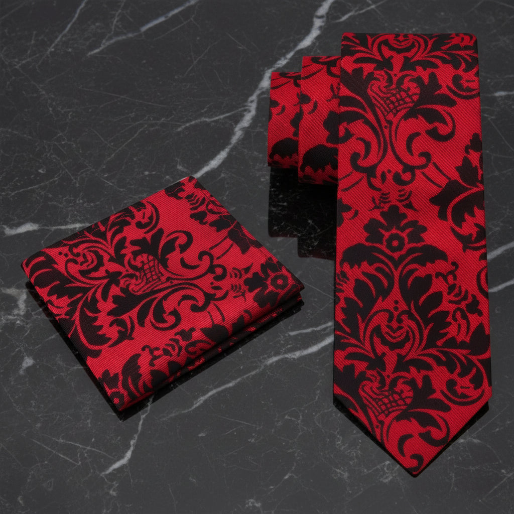 Alt View: A Red, Black Floral Pattern Necktie, Matching Pocket Square