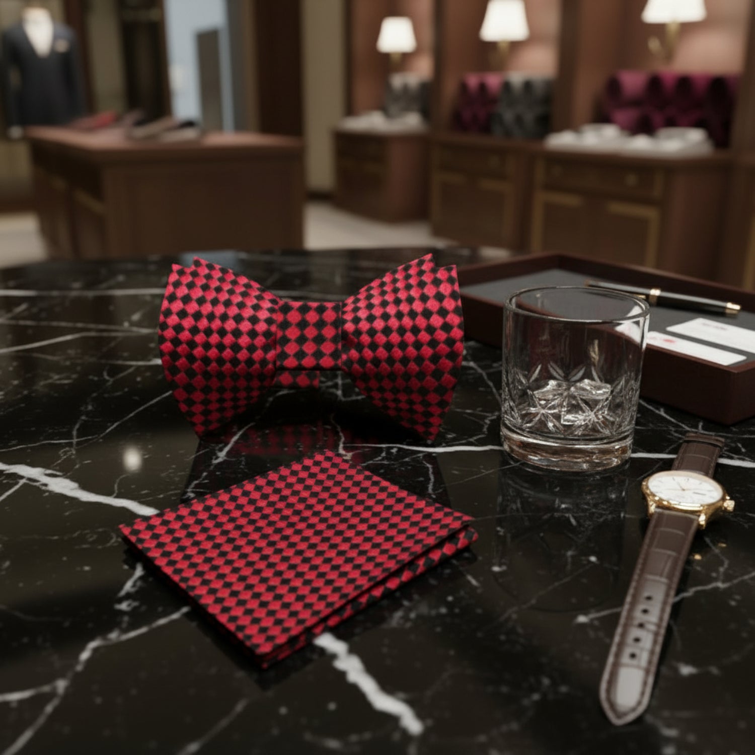 Red, Black Diamonds Bow Tie and Pocket Square