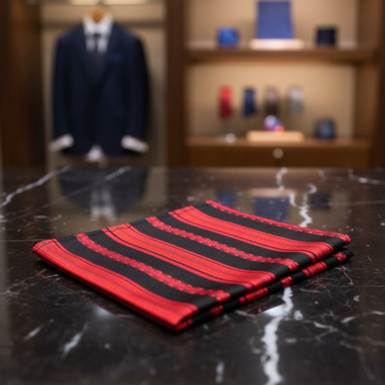 Main View: Red, Black Stripe Pocket Square