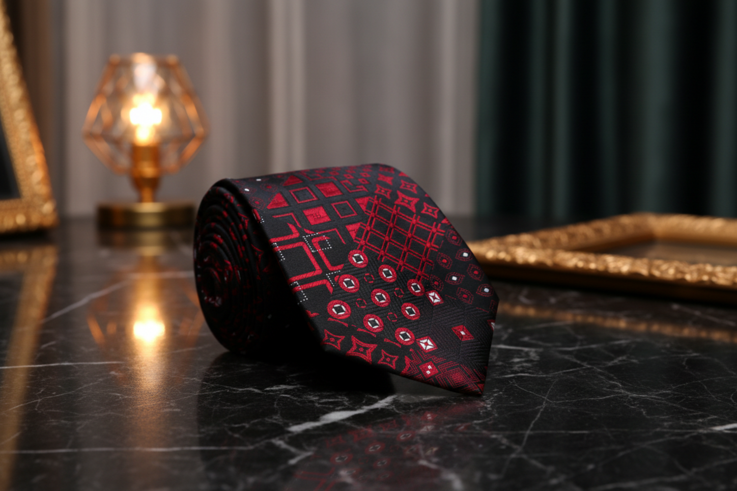 A Black, Red Abstract Geometric Shapes Pattern Necktie 