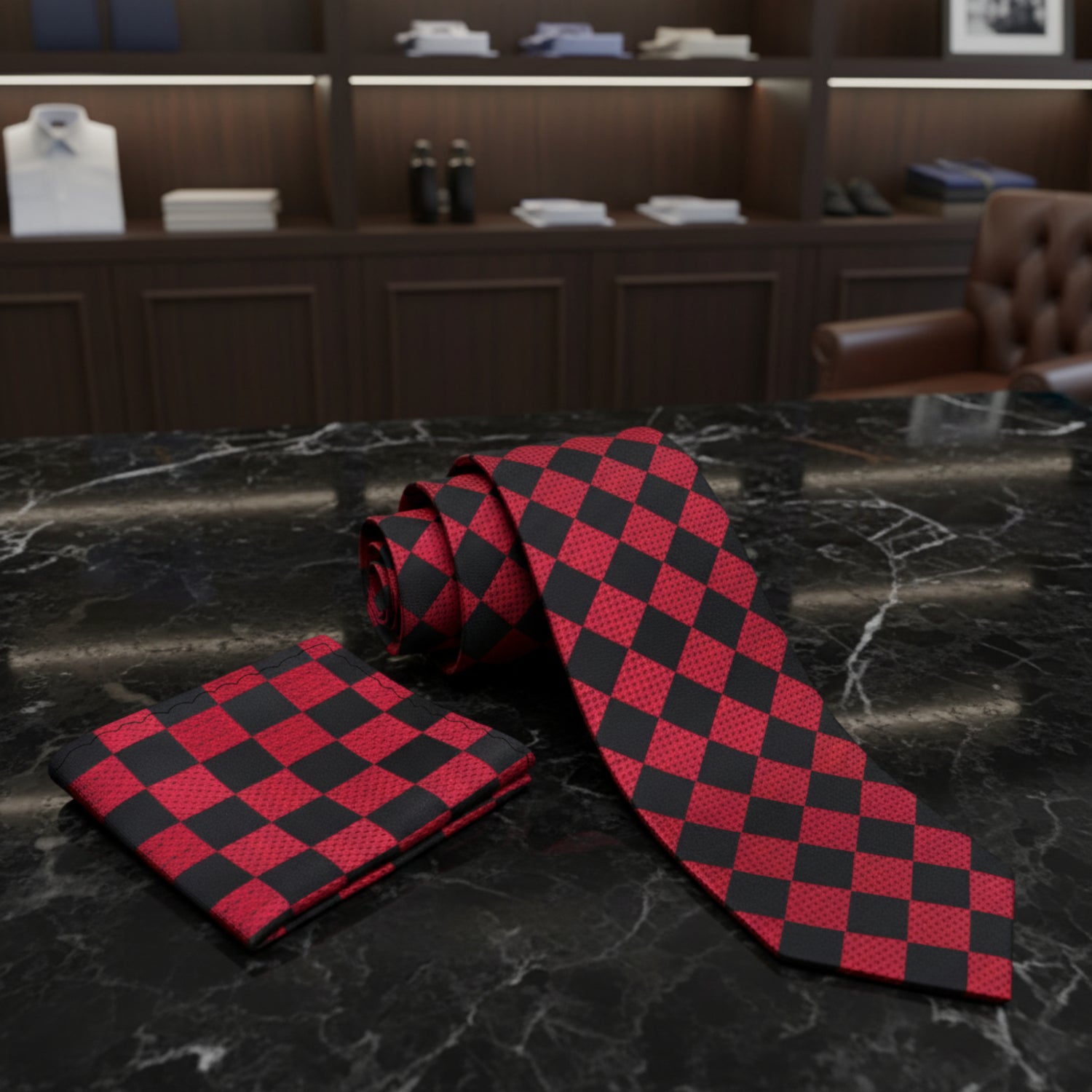 Alt View: Red, black geometric tie and pocket square