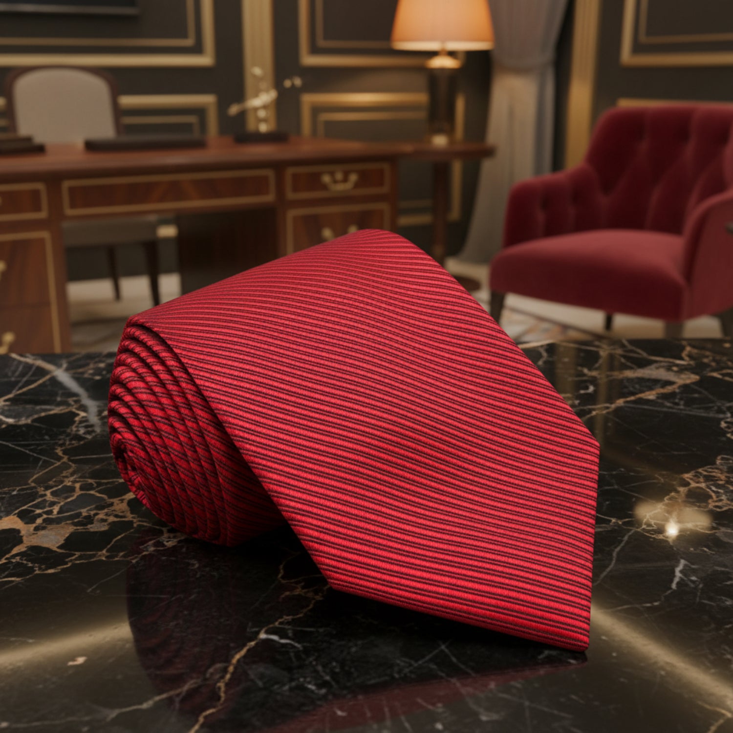 A Red, Black Pinstripe Pattern Necktie