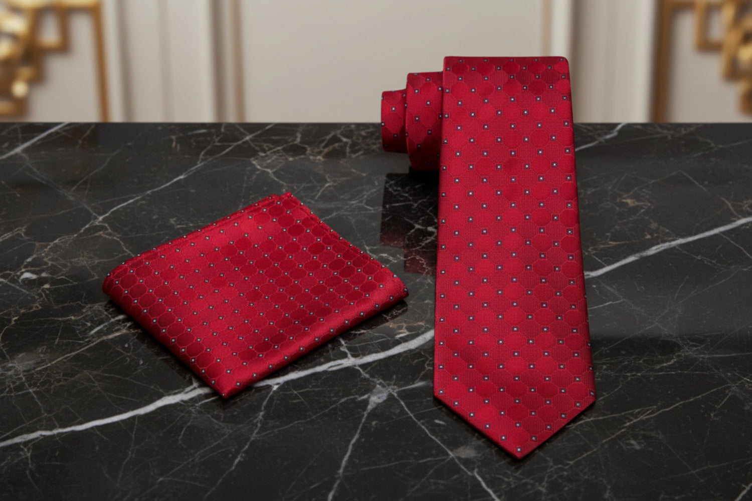 Alt View: Red, Black Geometric Tie and Pocket Square