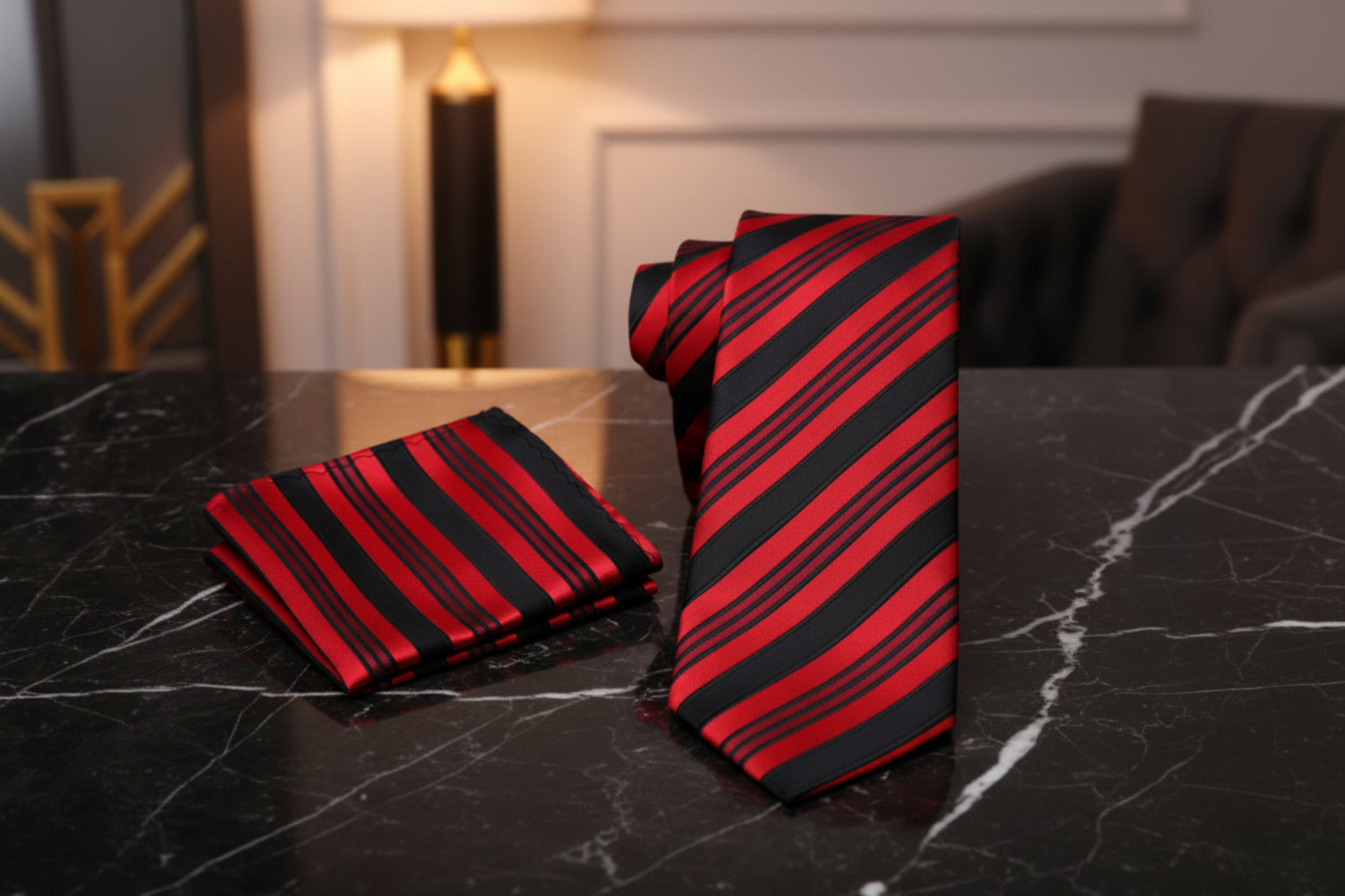 Alt View: A Black, Red Stripe Pattern Necktie, Matching Pocket Square