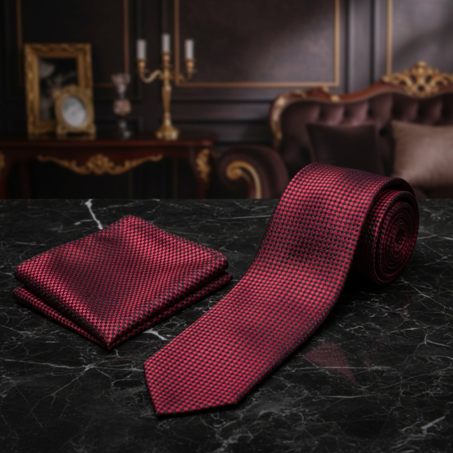 Alt View: Red, Black Check Tie and Pocket Square
