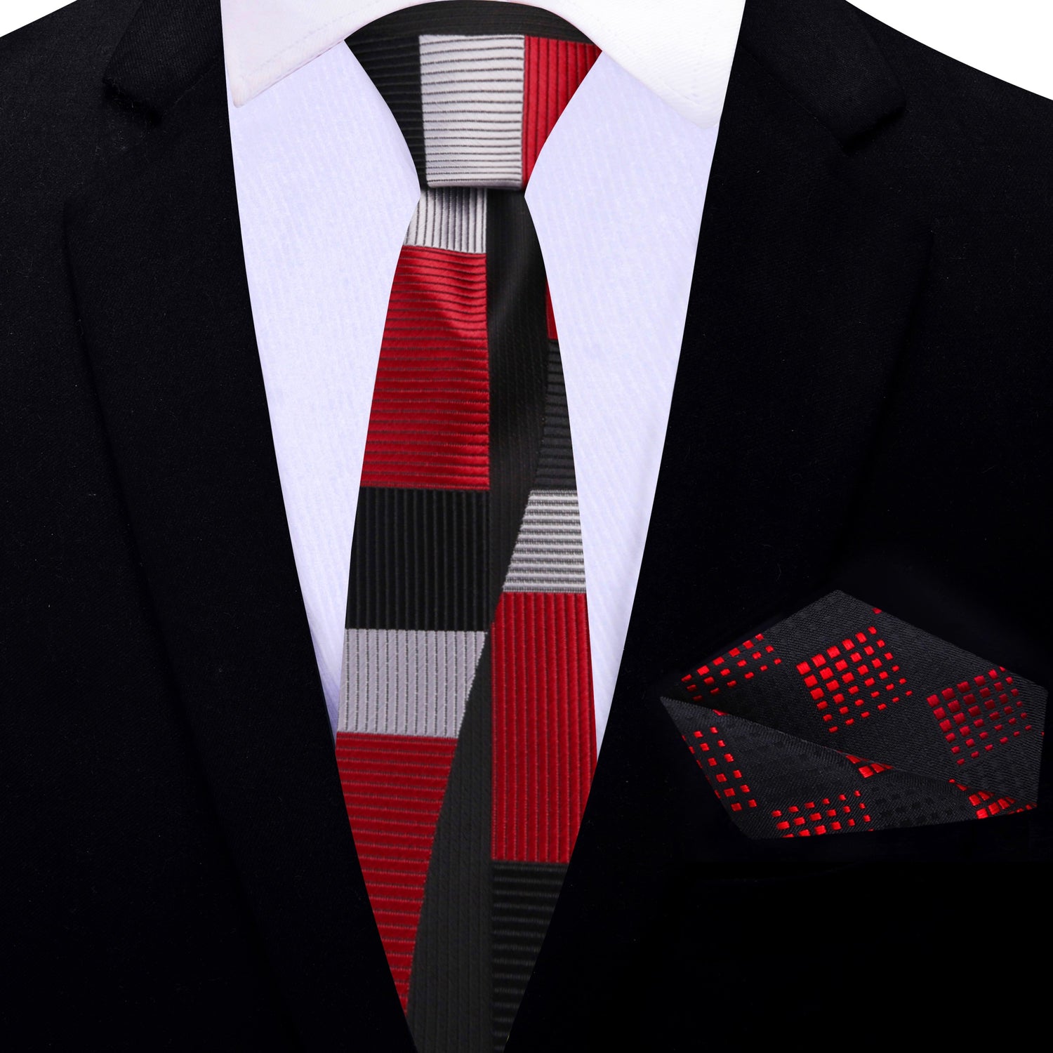Thin Tie: Red, Black, Silver Abstract Tie and Accenting Square