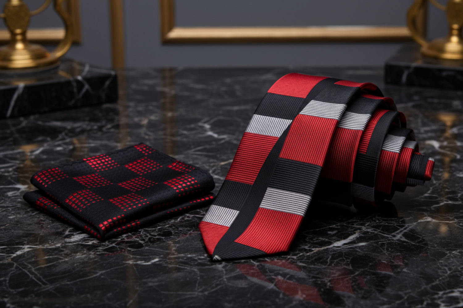 Alt View: Red, Black, Silver Abstract Tie and Accenting Square