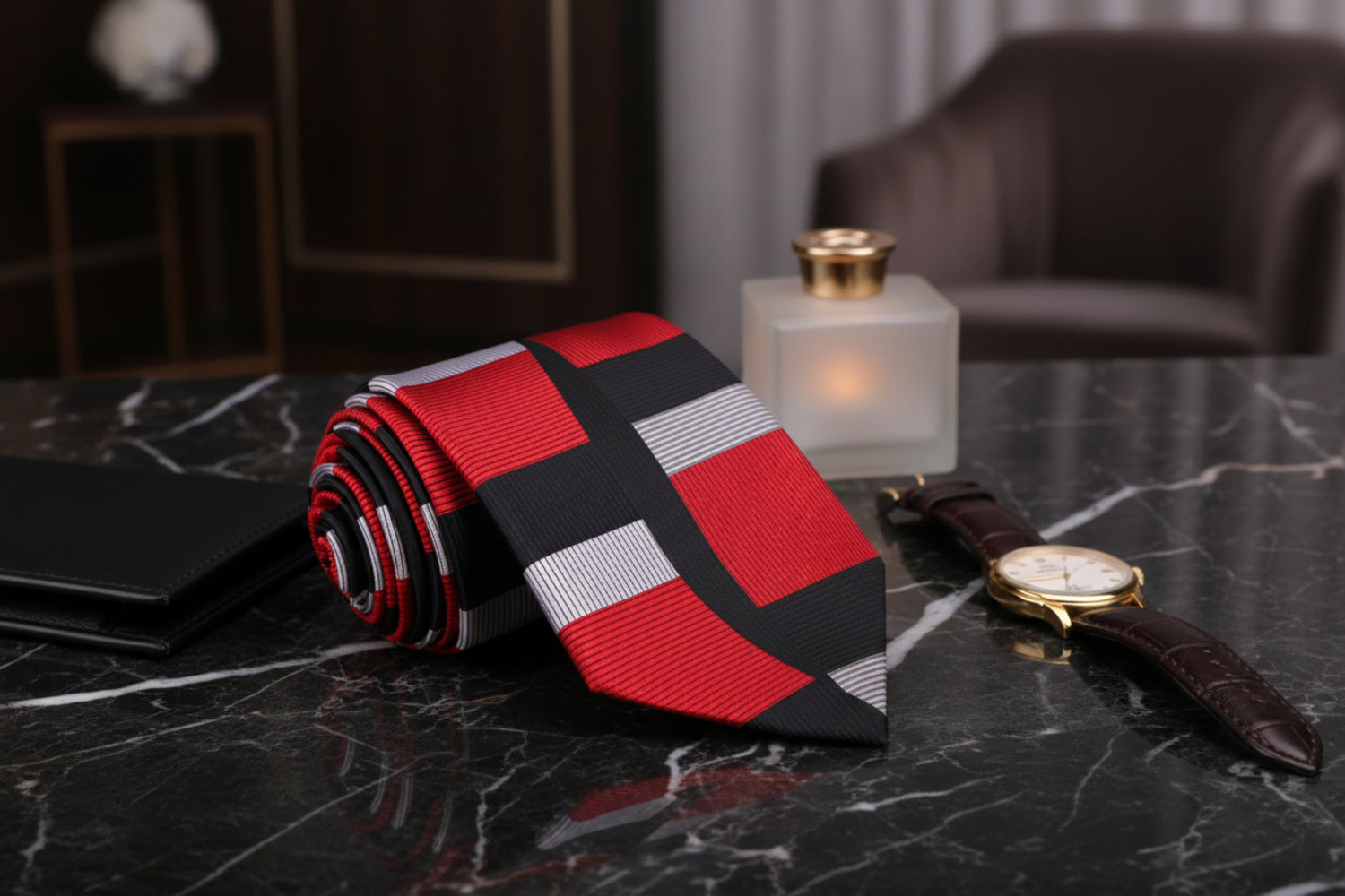 Red, Black, Silver Abstract Tie  