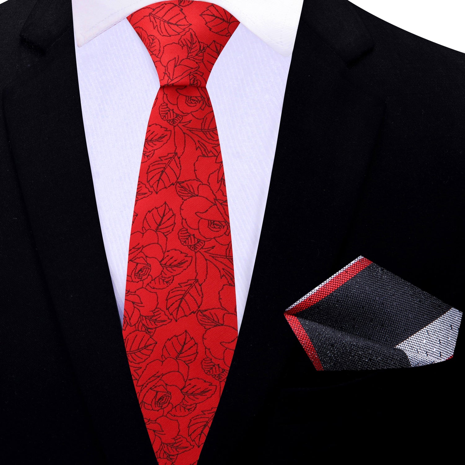 Thin Tie: Red with Black Sketched Roses Tie and Black, Grey Red Accenting Square