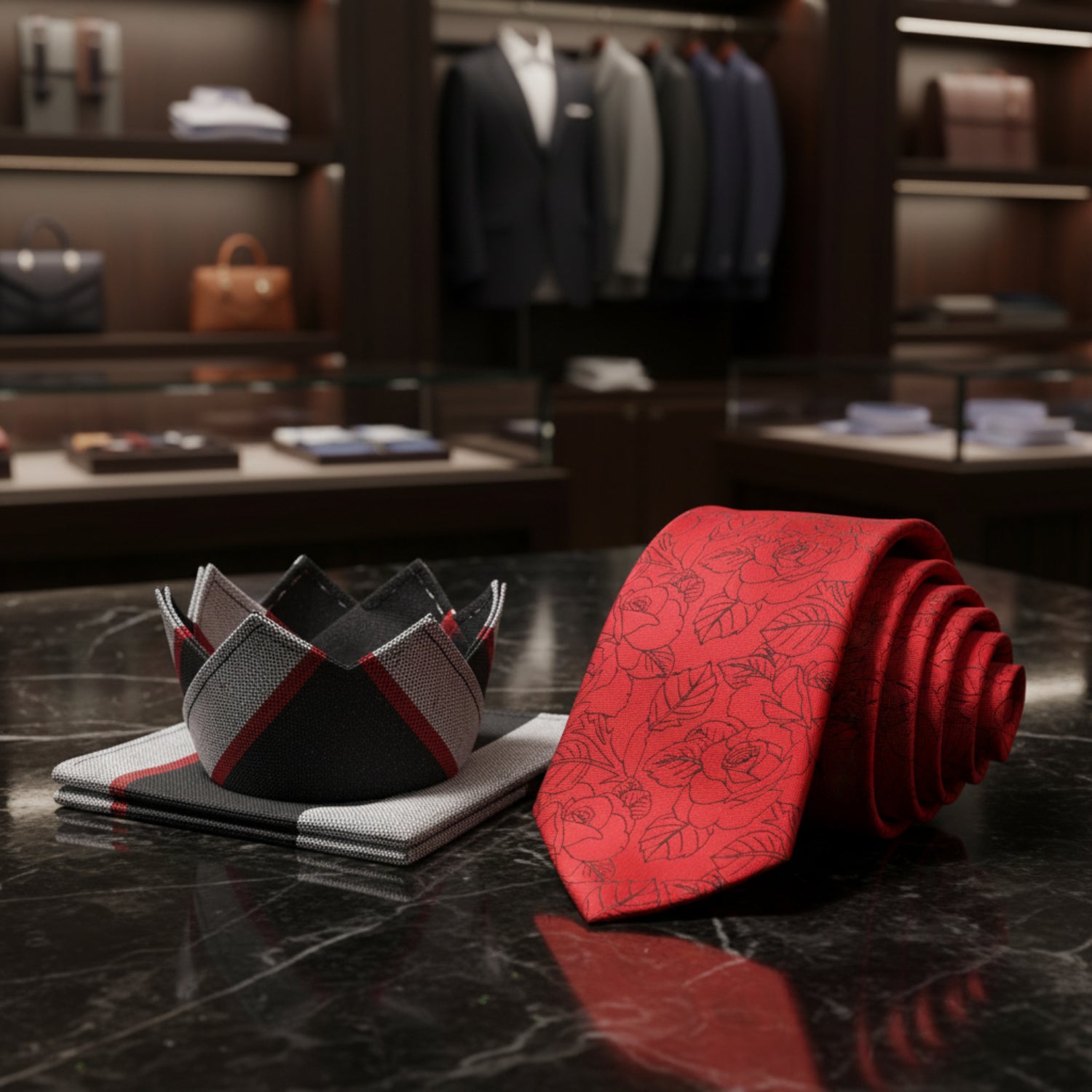 Alt View: Red with Black Sketched Roses Tie and Black, Grey Red Accenting Square