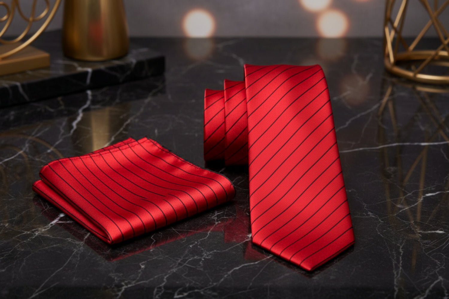 Alt View: A Red, Black Stripe Pattern Necktie, Matching Pocket Square