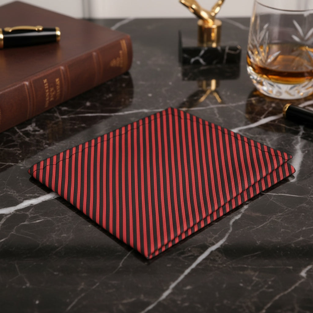 Main View: A Red and Black Stripe Pocket Square