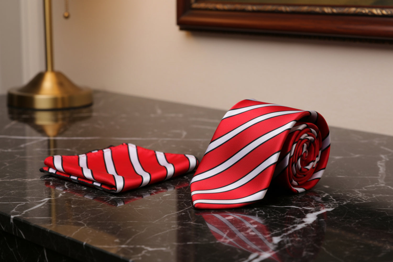 Alt View: A Red, Black, White Stripe Pattern Necktie, Pocket Square 