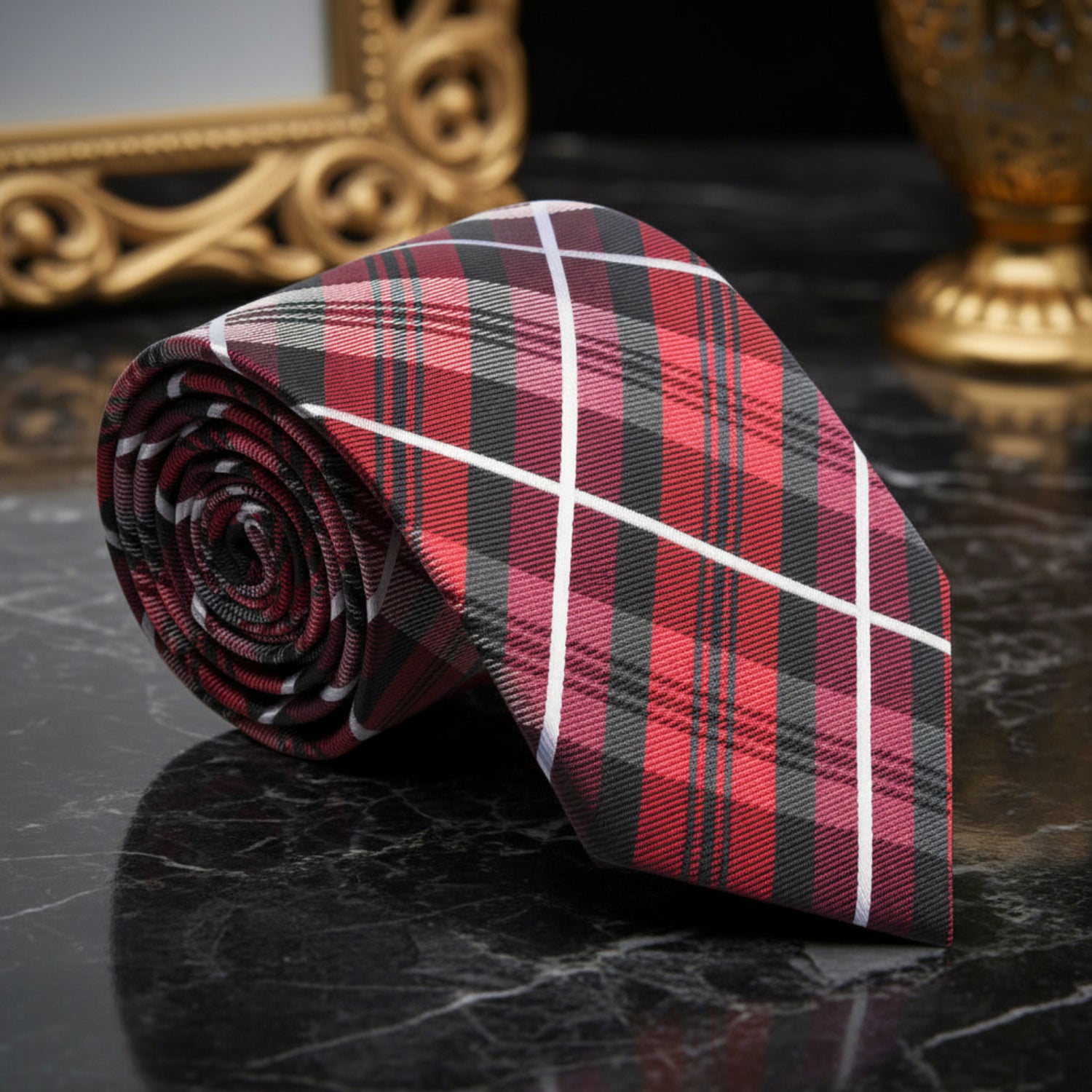 A Red, Black Plaid Pattern Necktie 