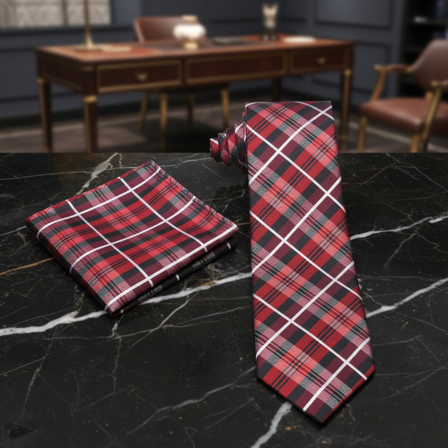 Alt View: A Red, Black Plaid Pattern Necktie, Matching Pocket Square