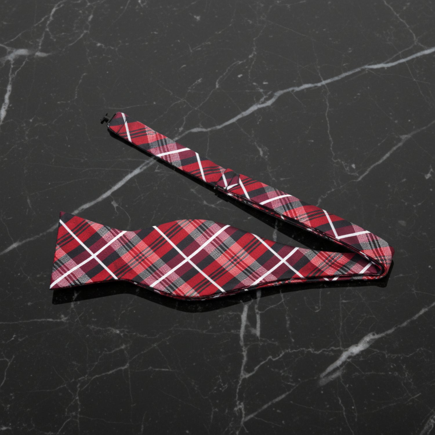 Untied View: A Red, Black Plaid Pattern Self Tie Bow Tie 
