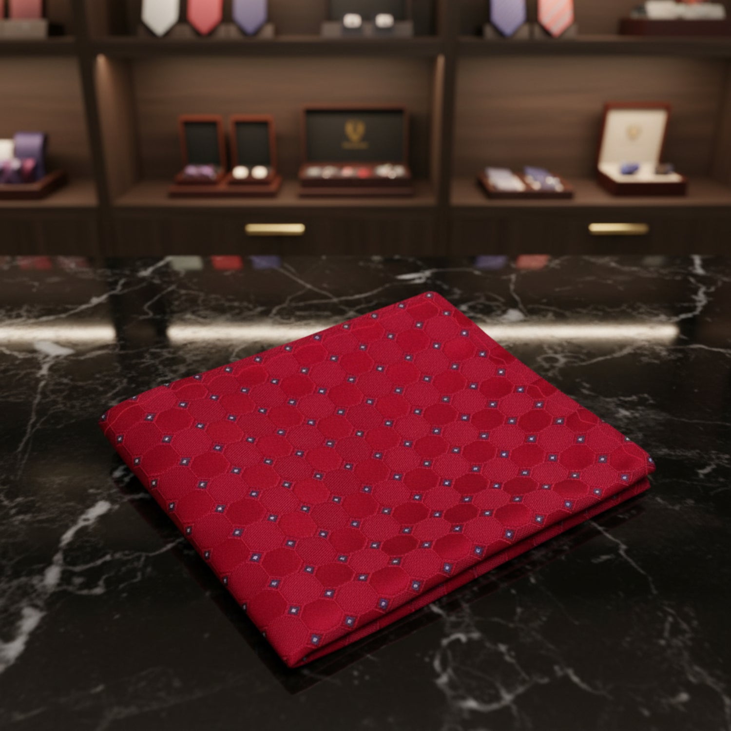 A Red, Black Geometric Squares Pattern Pocket Square