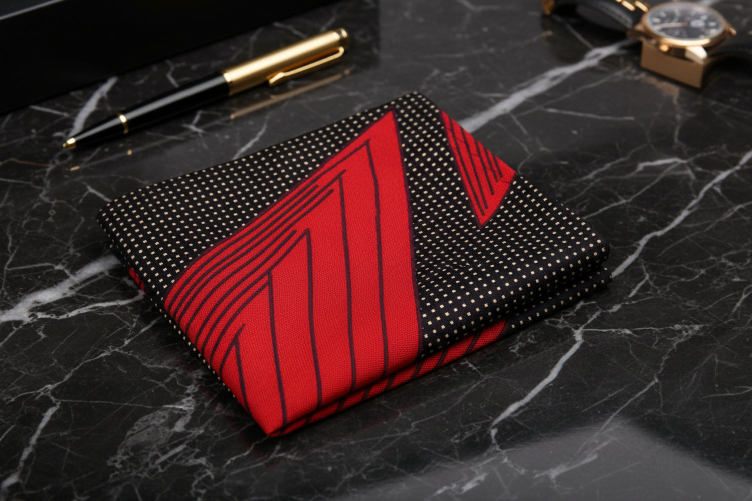 A Black, Red, Gold Abstract Lines and Small Checks Pattern Pocket Square