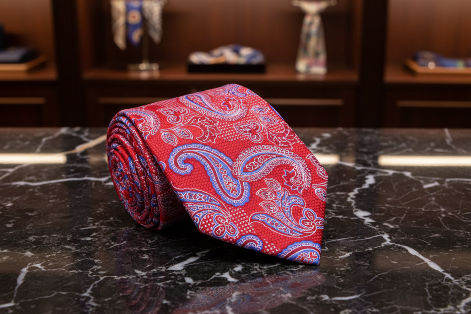 A Red, Blue Paisley Pattern Necktie 