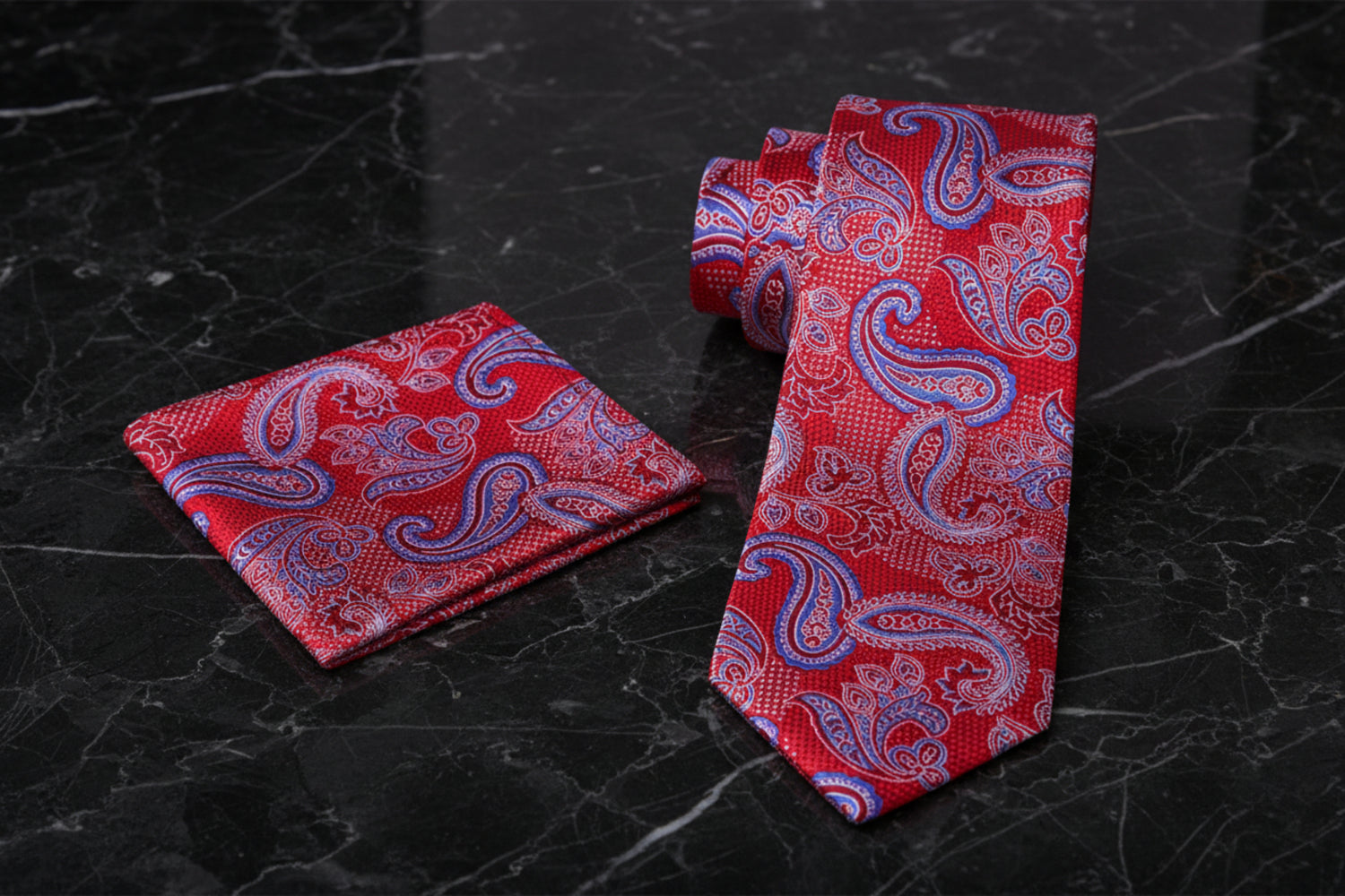 View 2: A Red, Blue Paisley Pattern Necktie, Matching Pocket Square 