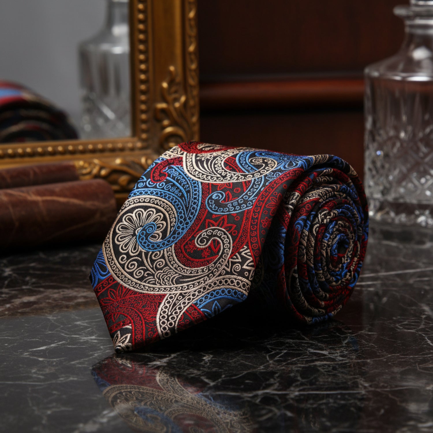 A Red, Cream, Light Blue Paisley Pattern Necktie  