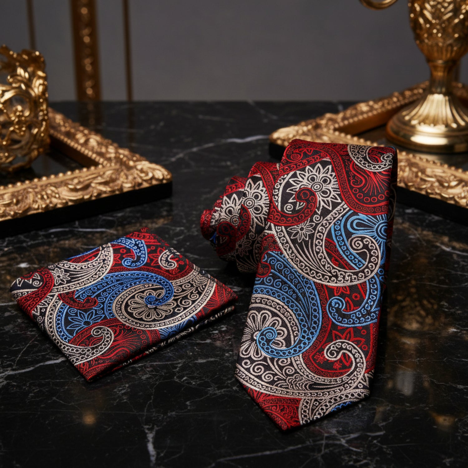 Alt View: A Red, Cream, Light Blue Paisley Pattern Necktie With Matching Pocket Square