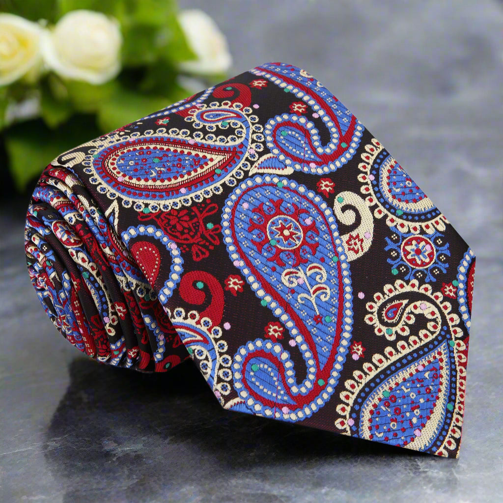 A Red, Blue, Cream Paisley Pattern Silk Necktie