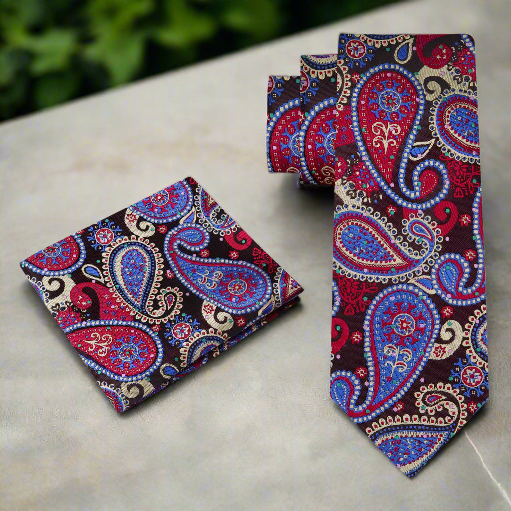 Alt View: A Red, Blue, Cream Paisley Pattern Silk Necktie, Matching Pocket Square