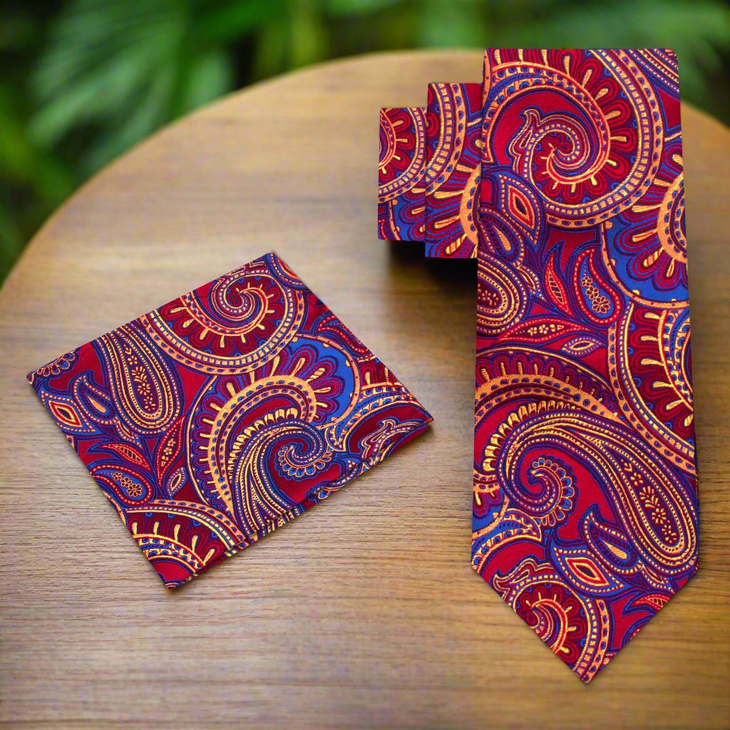 Alt View: A Red, Blue Paisley Pattern Silk Necktie, Matching Silk Pocket Square