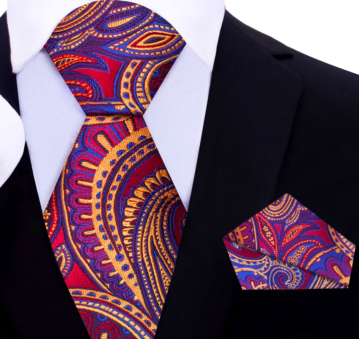 A Red, Blue Paisley Pattern Silk Necktie, Matching Silk Pocket Square
