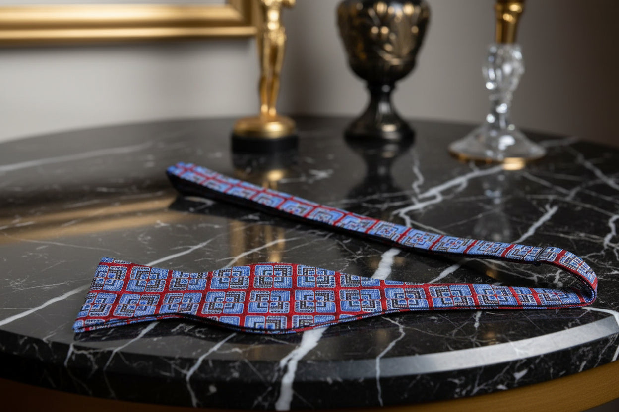 A Red, Blue, Brown Geometric Floral Pattern Self Tie Bow Tie Untied
