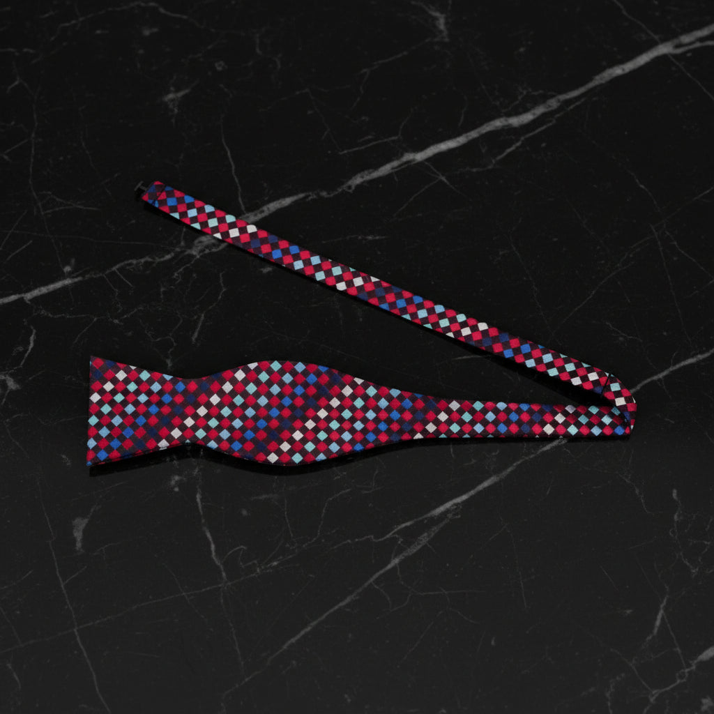 A Red, Blue Small Geometric Check Pattern Self Tie Bow Tie Untied