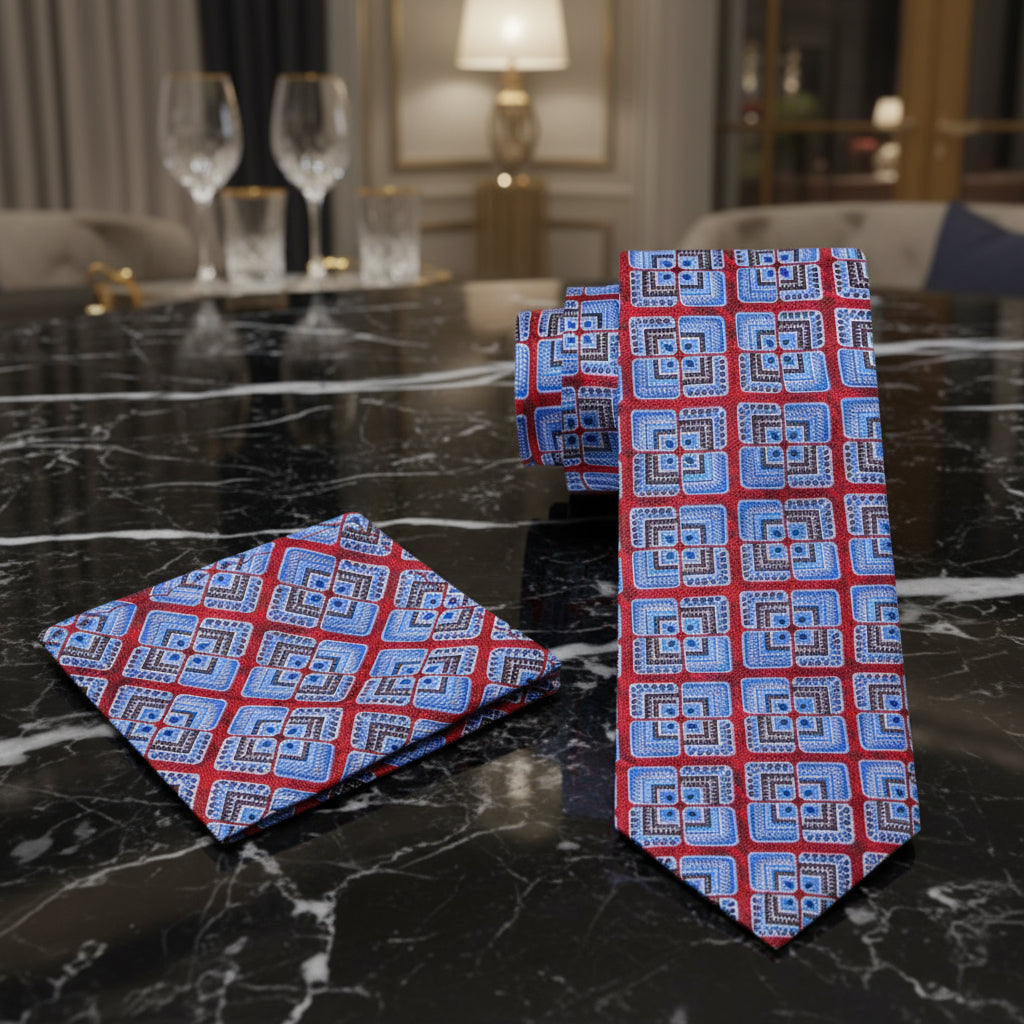 Alt View: Red and Blue Geometric Abstract Tie and Pocket Square