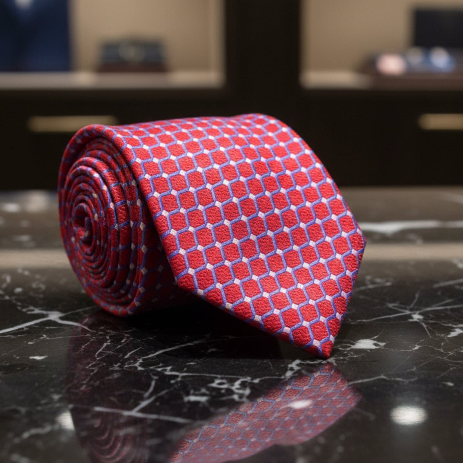 A Red, White, Light Blue Geometric Pattern Pattern Necktie