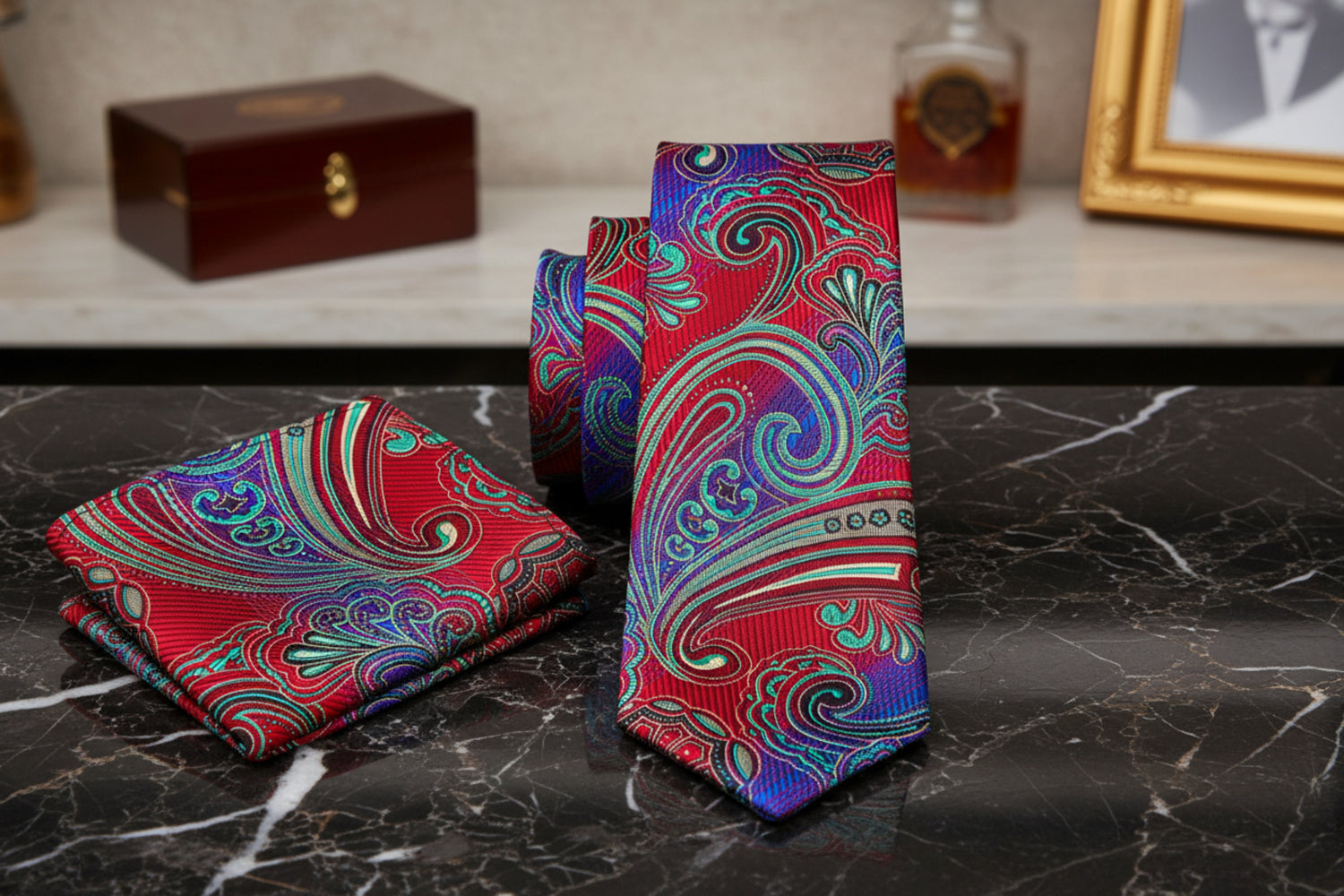 Alt View: A Blue, Red, Green Paisley Pattern Necktie, Matching Pocket Square