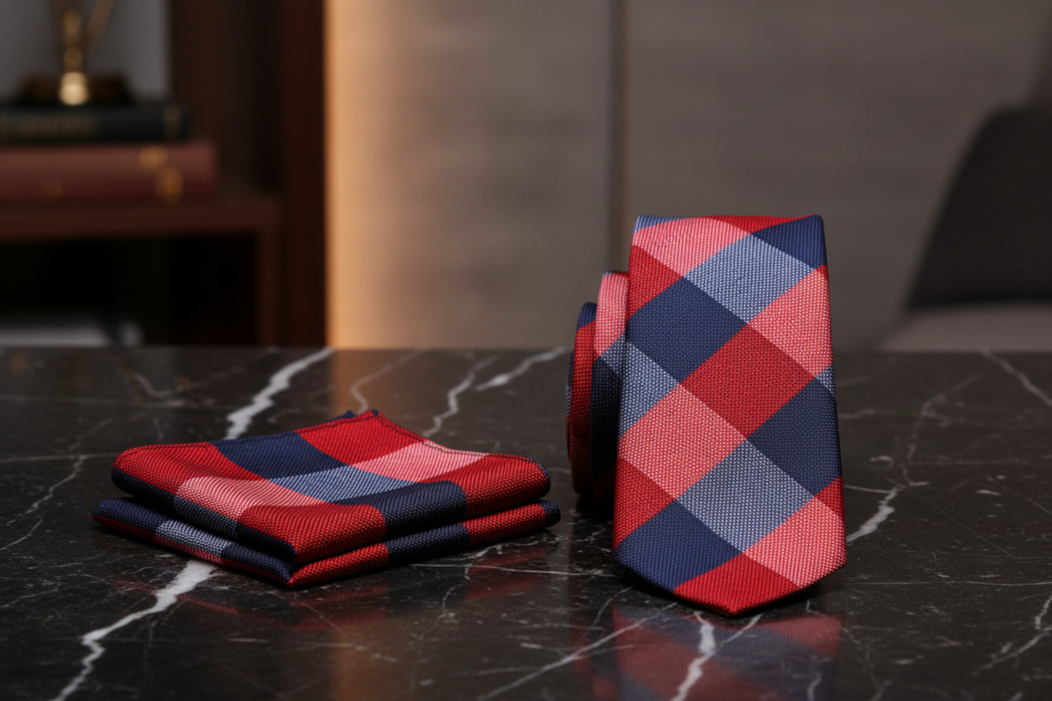 Alt View: A Red, Blue Plaid Pattern Necktie, Matching Pocket Square