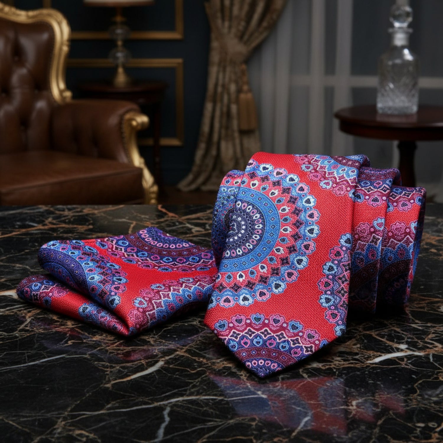 View 2: A Red, Blue, Purple, Pink Color Abstract Pattern Tie, Pocket Square