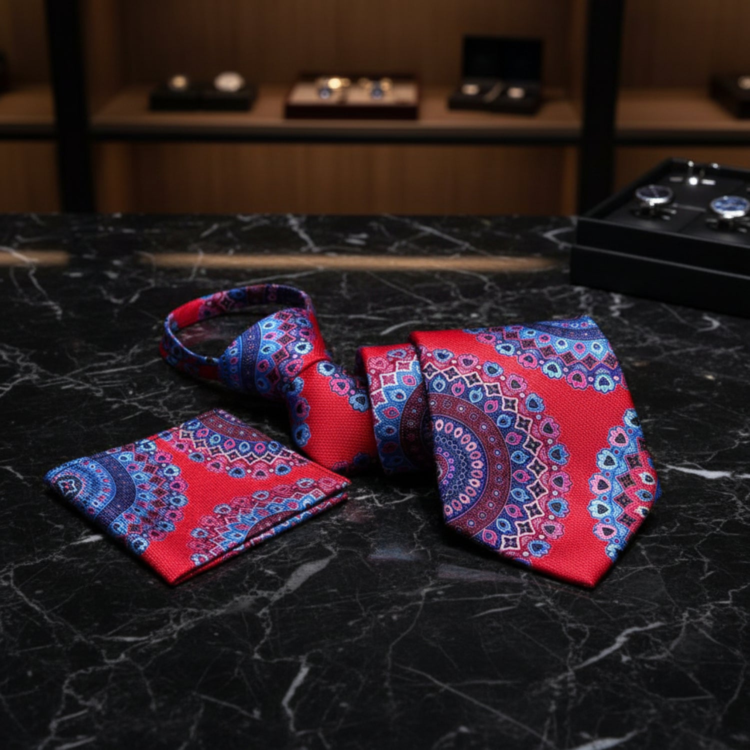  Zipper Tie View A Red, Blue, Purple, Pink Color Abstract Pattern Tie, Pocket Square