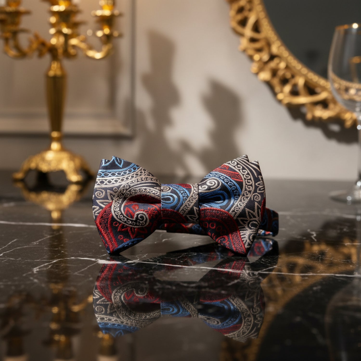 Blue, Red, White Paisley Bow Tie 