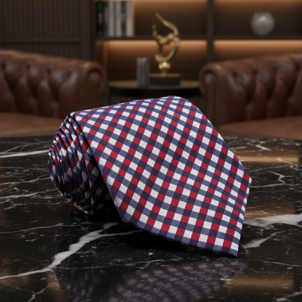 A Dark Blue, Dark Red, White Small Geometric Check Pattern Necktie 