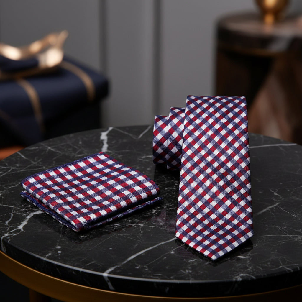 Alt View: A Dark Blue, Dark Red, White Small Geometric Check Pattern Necktie, Matching Pocket Square