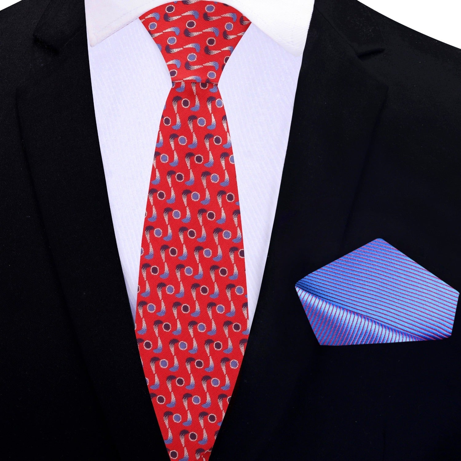 Thin Tie: Red, Blue Propellers and Dots Silk Tie and Light Blue and Red Pocket Square