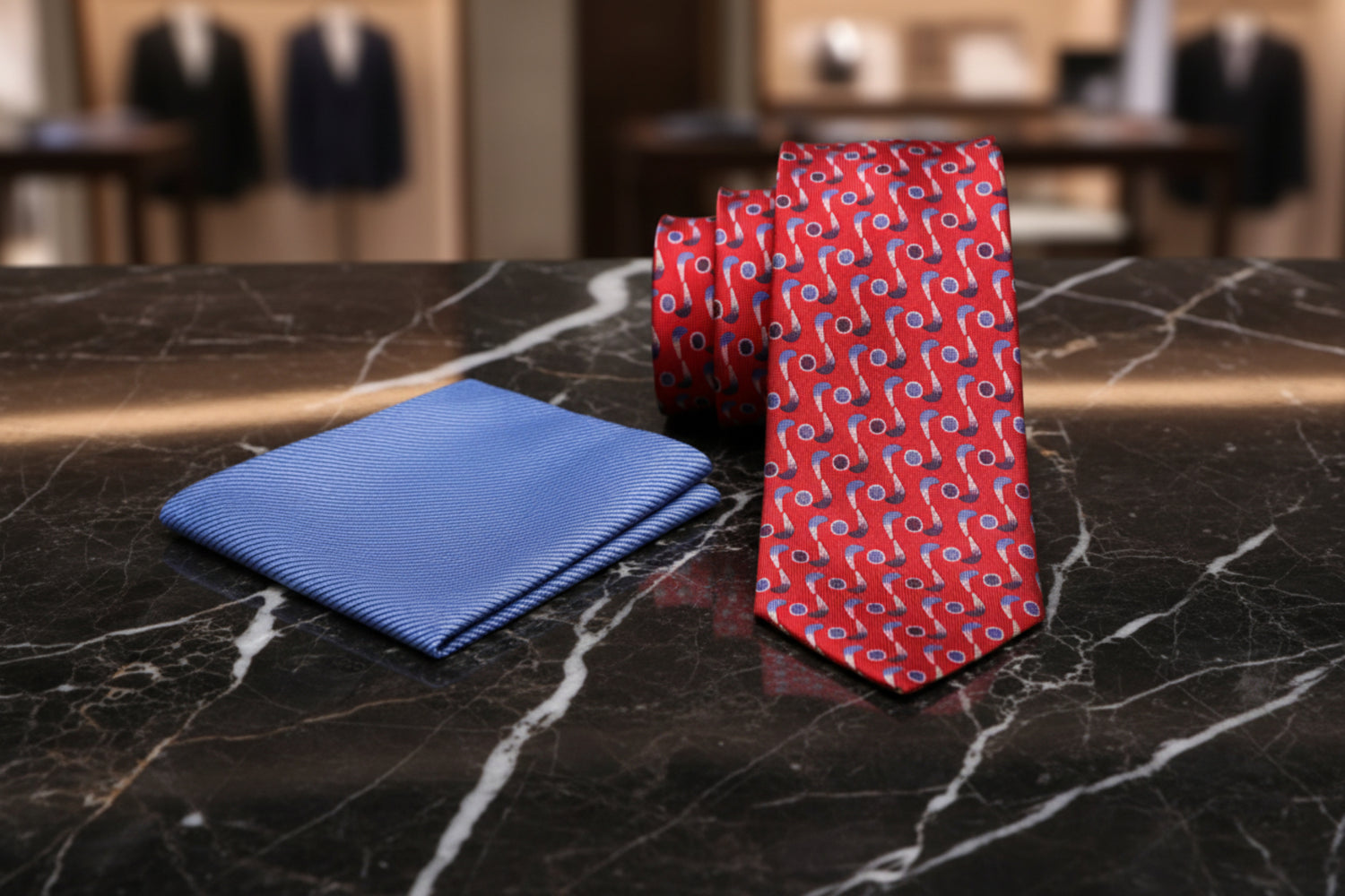Alt View: Red, Blue Propellers and Dots Silk Tie and Light Blue and Red Pocket Square