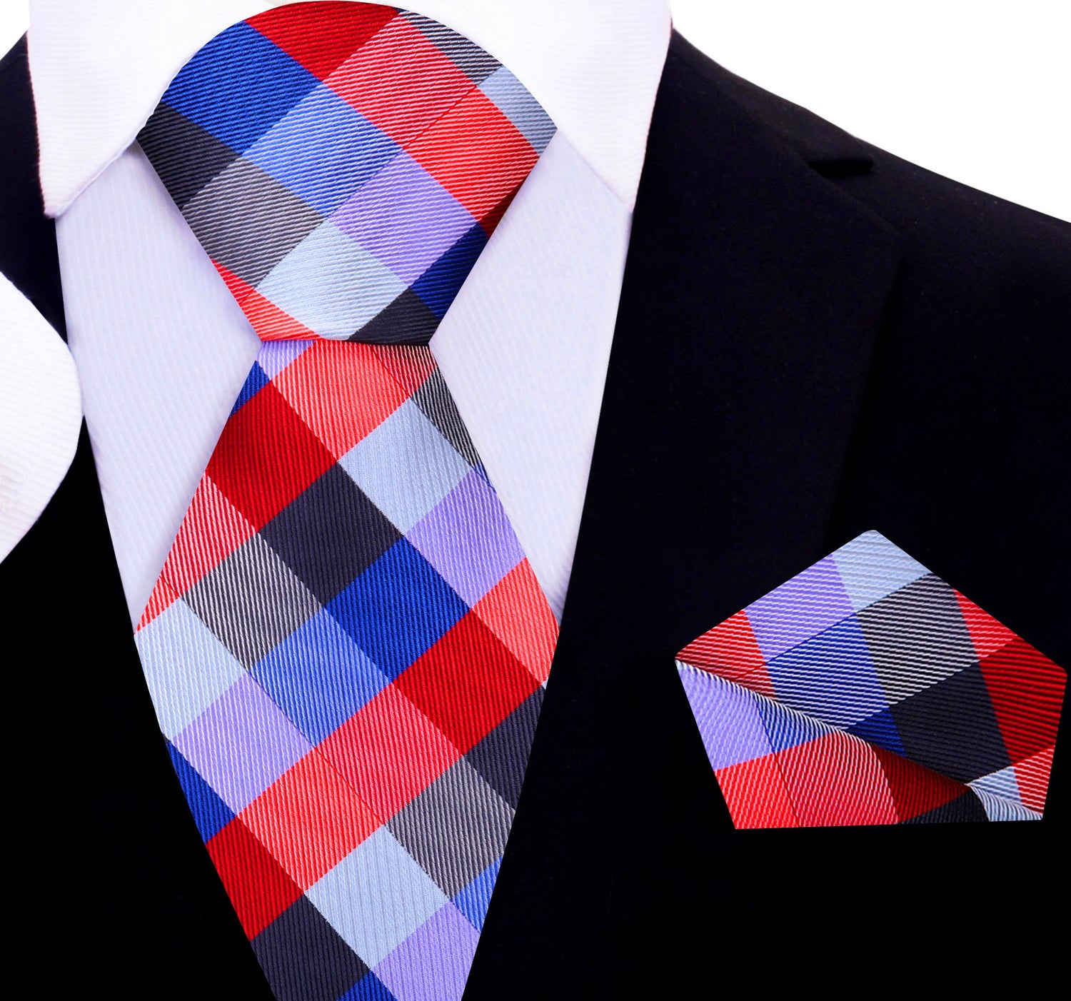 Red Blue Purple Check Tie and Pocket Square