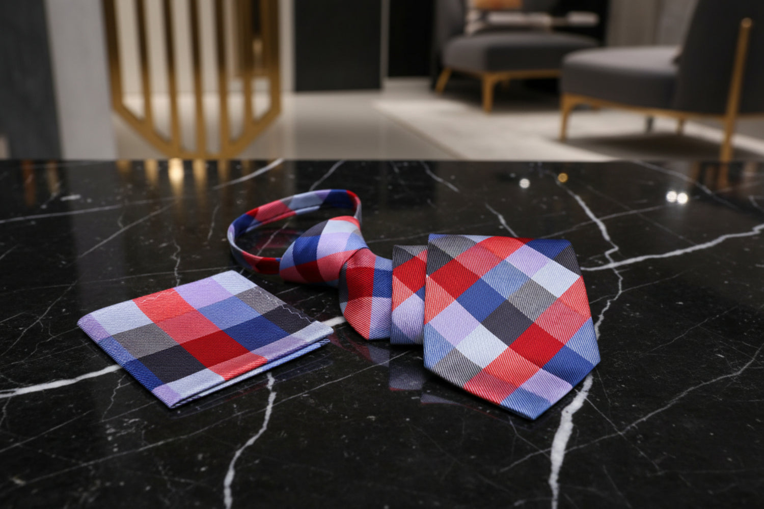 Red Blue Purple Check Zipper Tie and Pocket Square